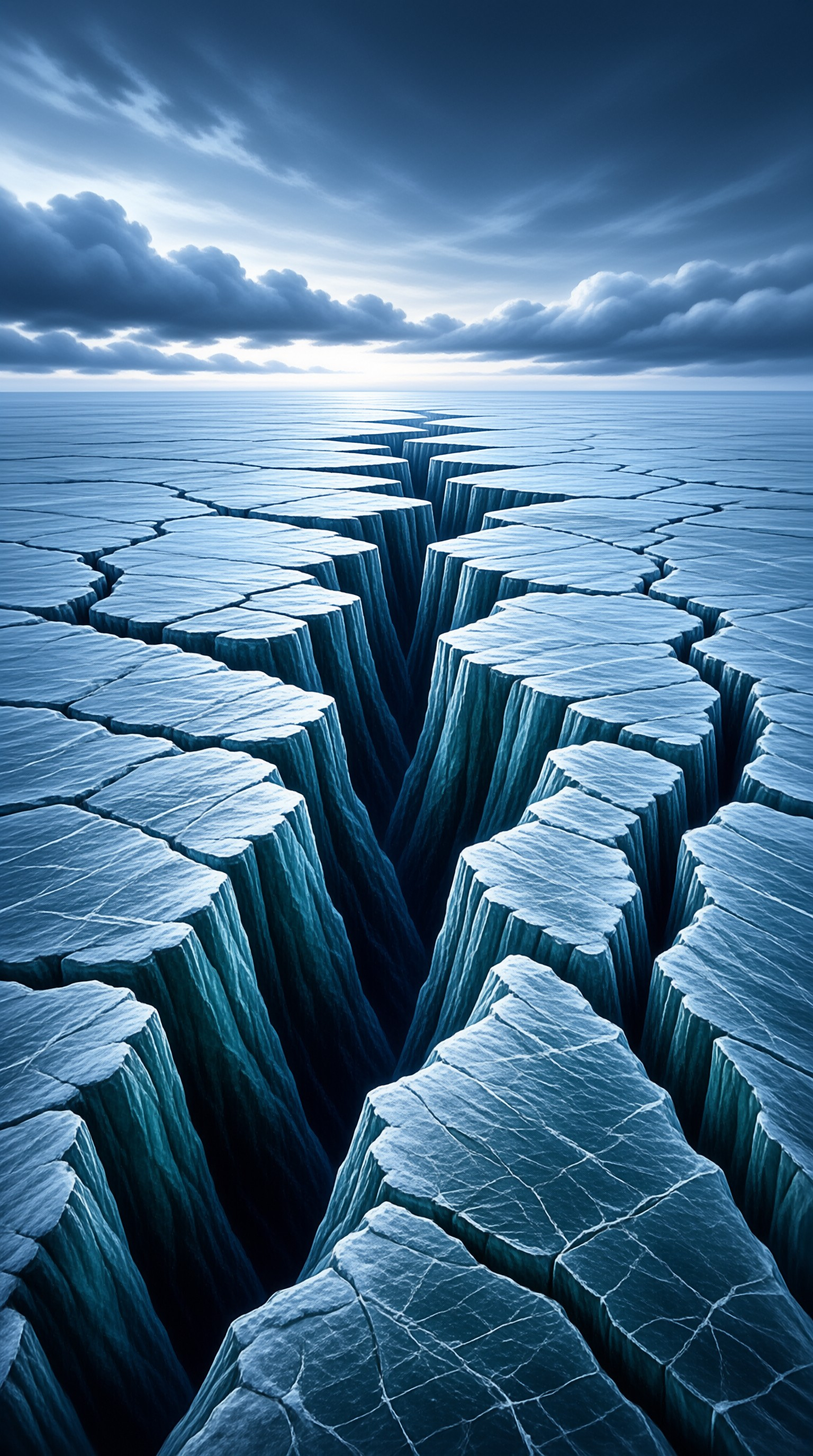 Deep blue cracks split a vast shelf of glacier ice that stretches toward a clouded horizon.