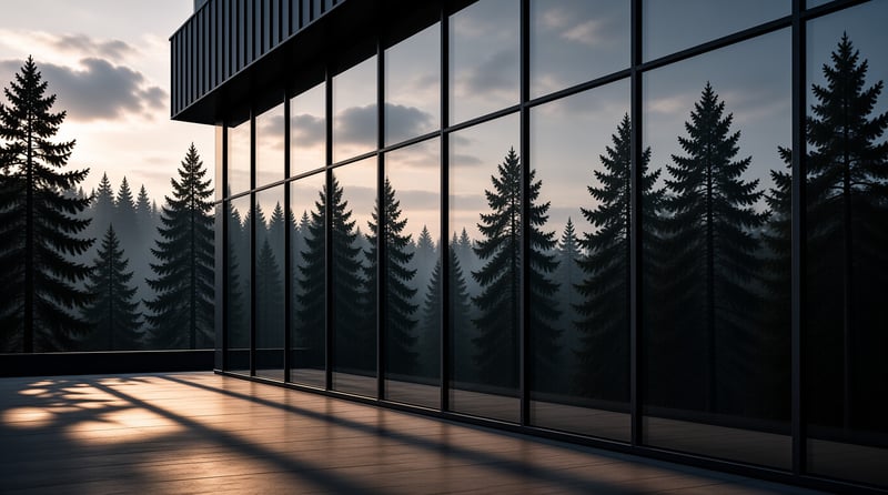 Large glass windows reflect a misty pine forest as warm sunlight casts long shadows across the wooden floor.
