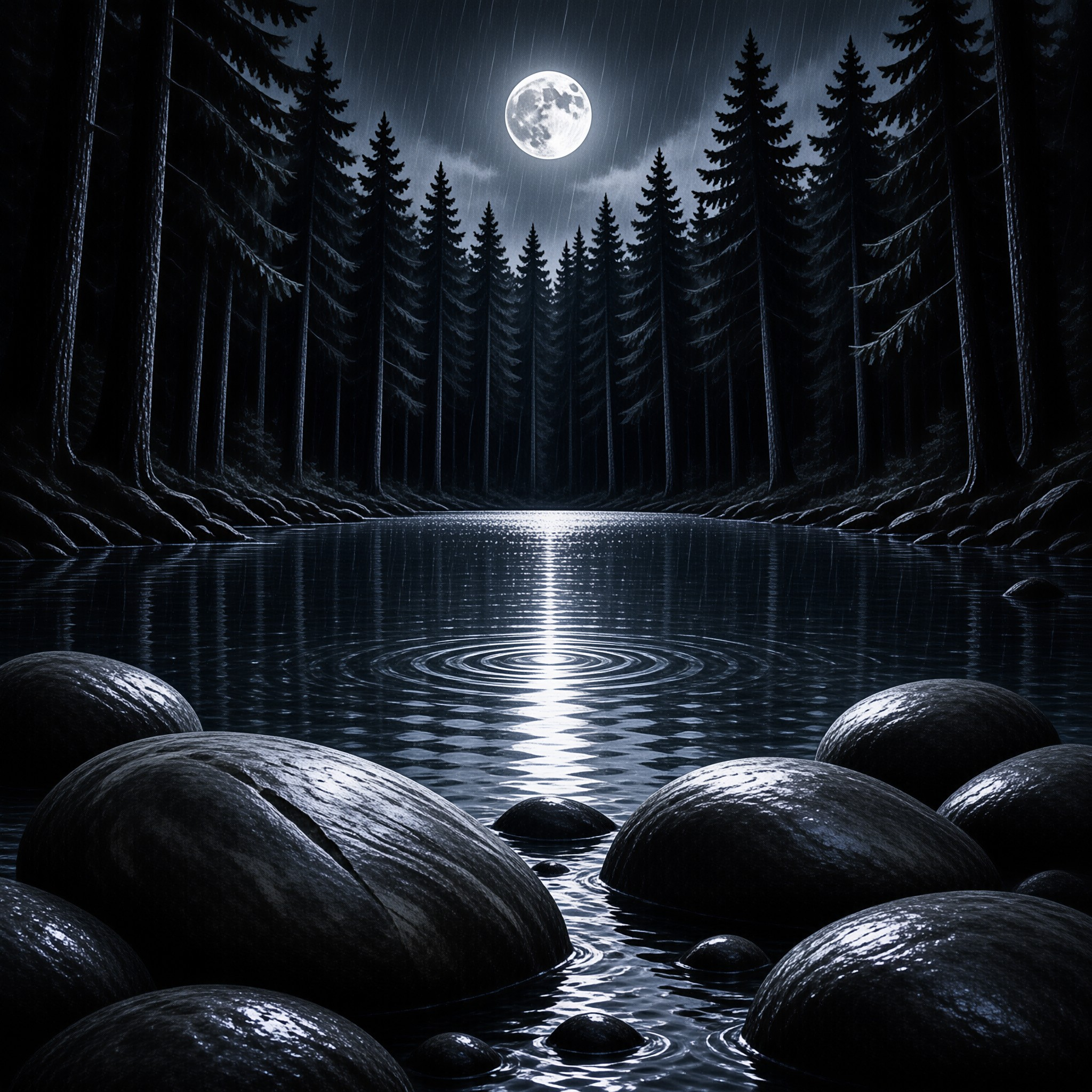 A full moon glows above a still black forest lake, its light broken by raindrop rings and wet boulders.