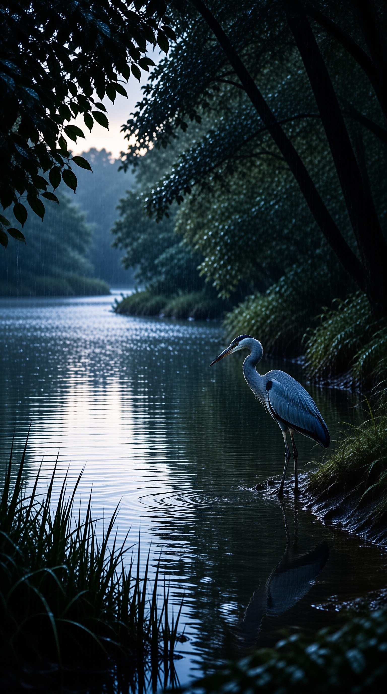 A tall heron stands at the grassy edge of a calm river shrouded in evening mist and rain.