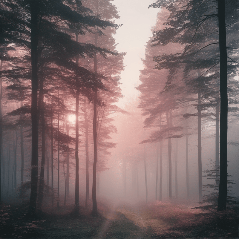 A sunlit trail winds through a dense pine forest shrouded in ethereal pink mist