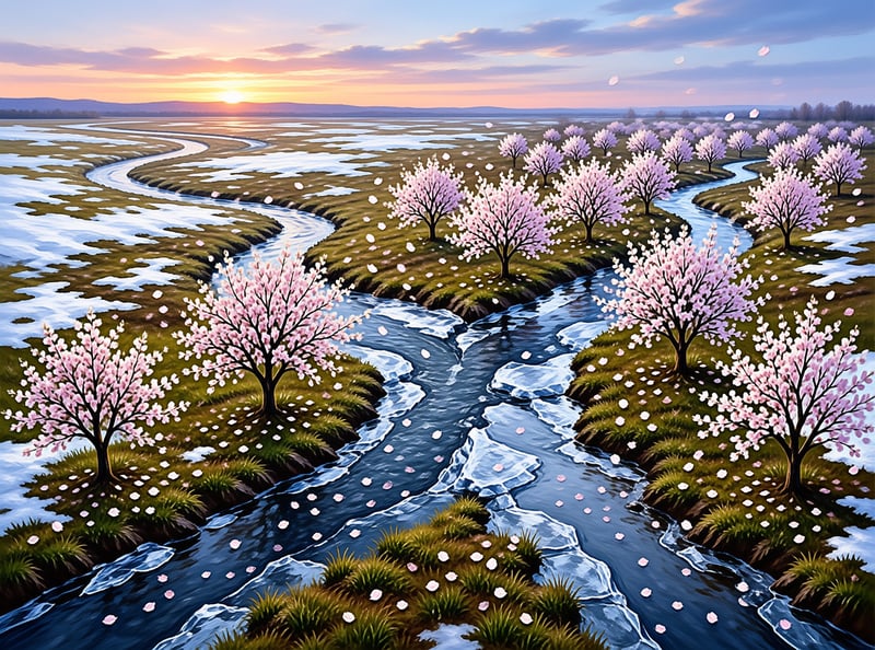 Pink flowering trees stand on green banks beside a blue waterway during golden hour with petals floating in the air.