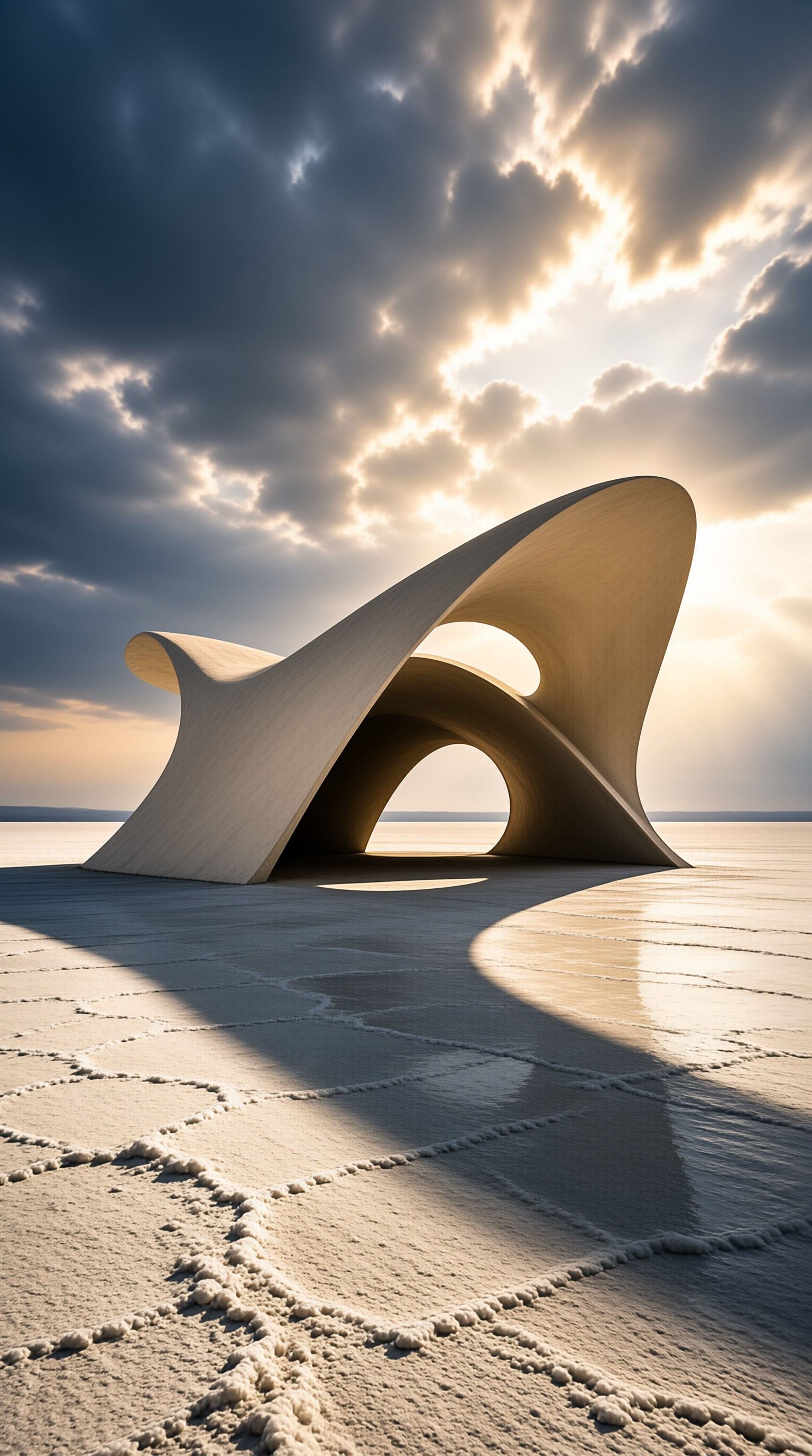 Sculptural concrete form casting long shadows on a vast cracked salt flat under a cloudy sky.