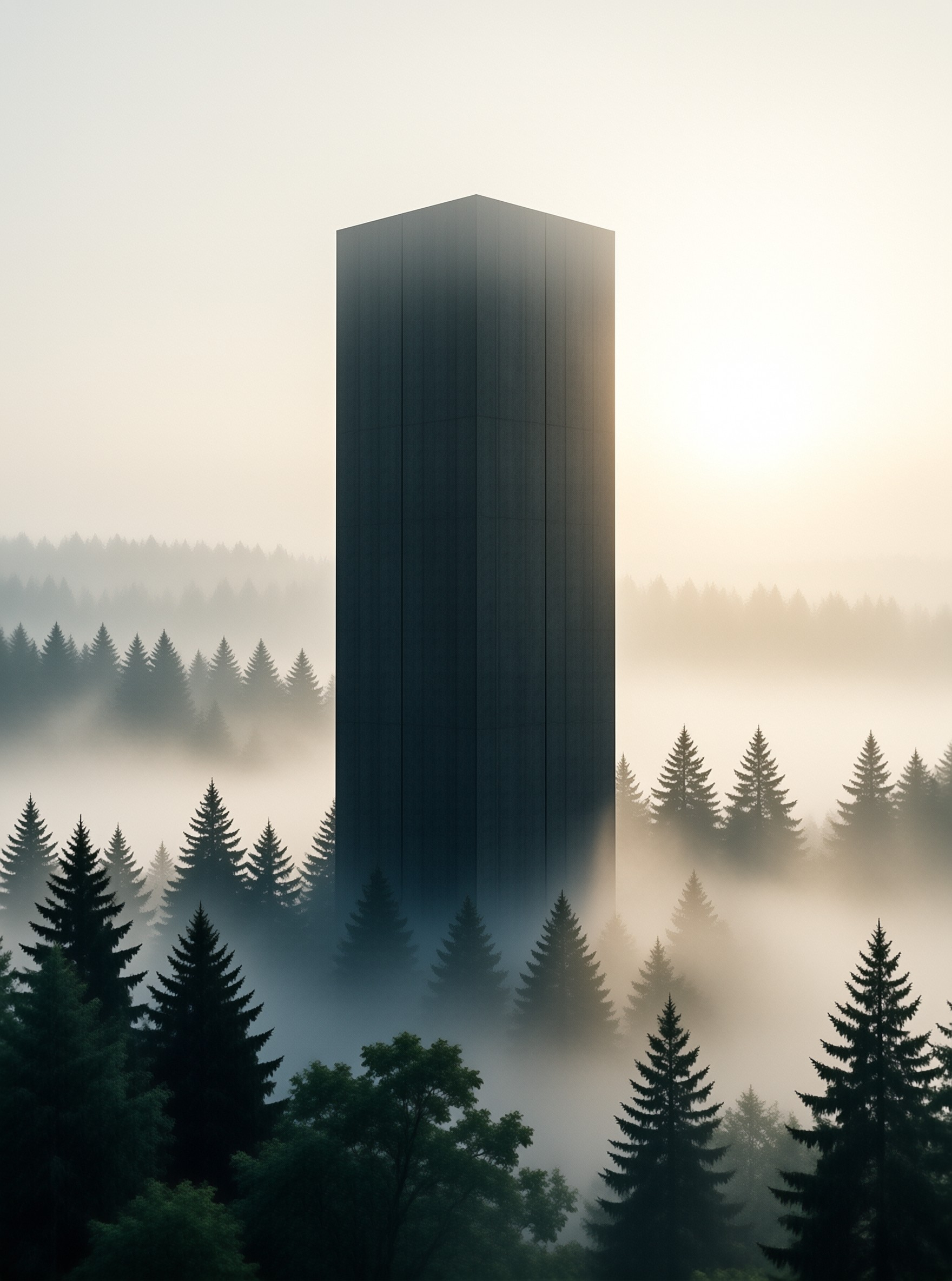 Monolith in a Misty Pine Forest