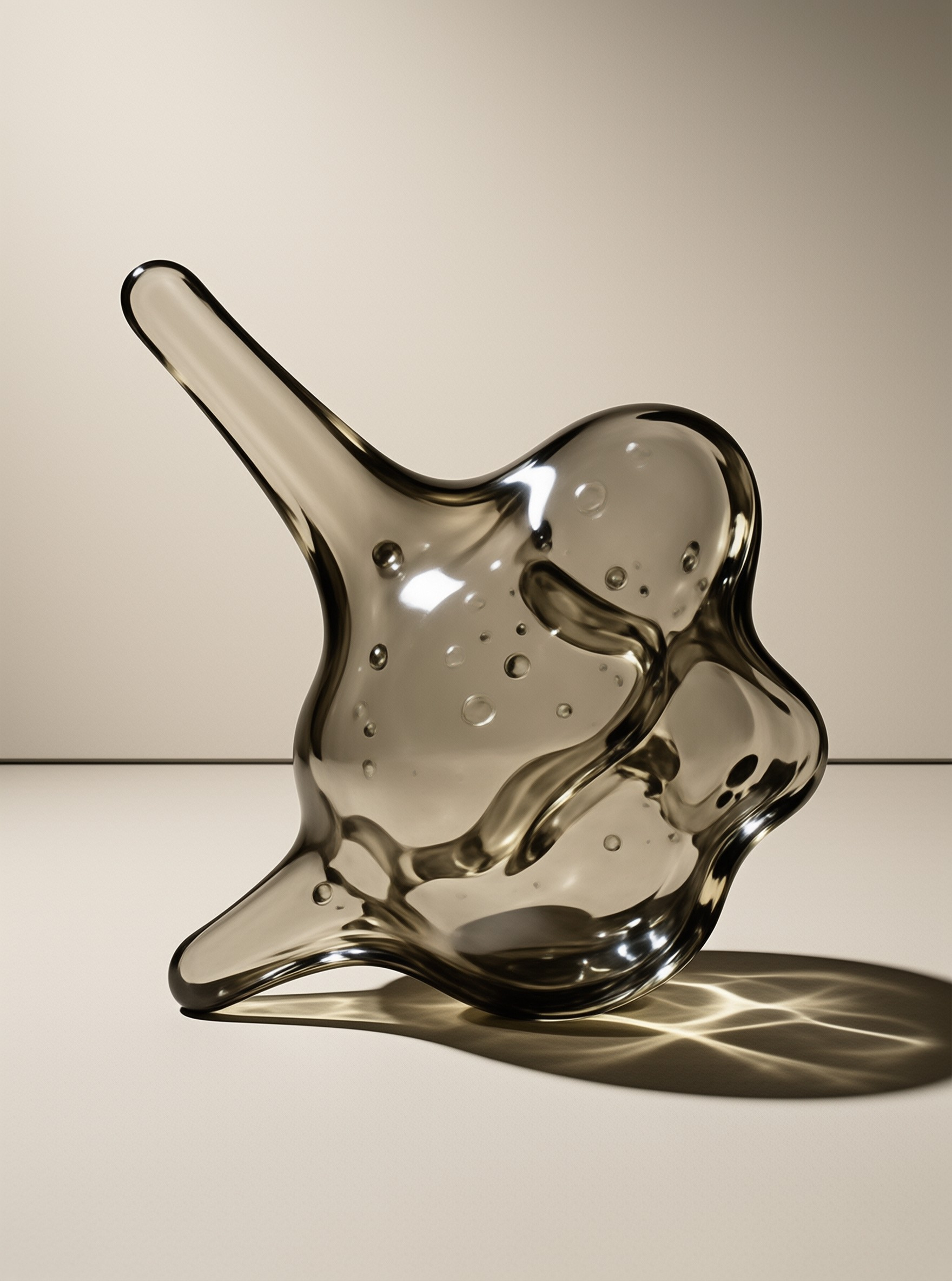 A smooth amber glass sculpture sits on a neutral surface, creating intricate light refractions in its shadow.