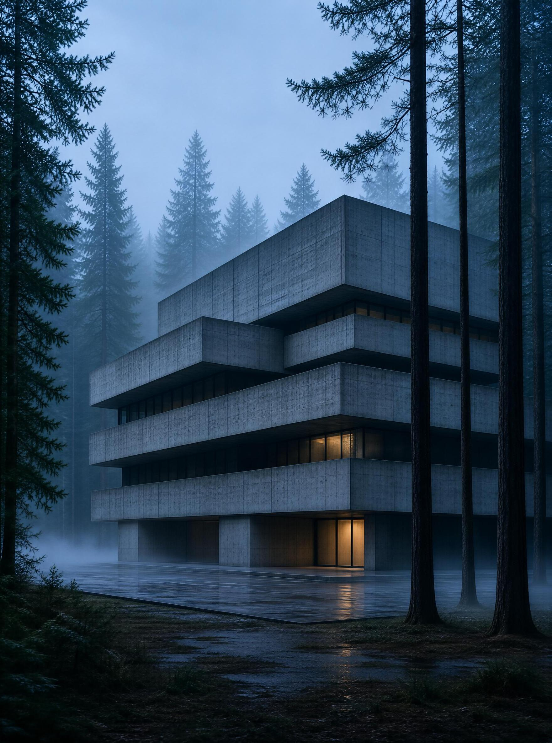 Misty Forest Concrete Building