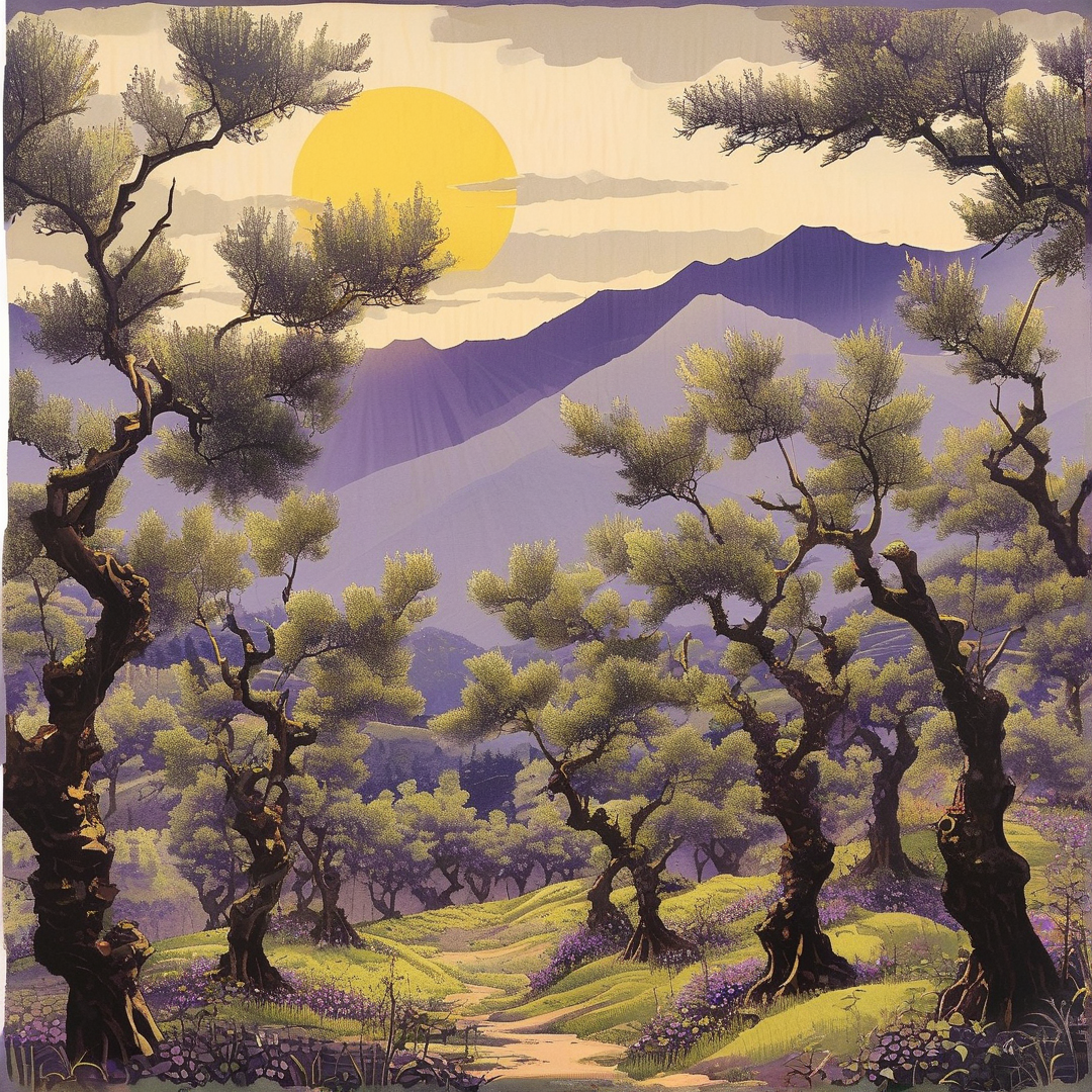 A painting shows a dirt trail meandering through gnarled trees towards purple mountains beneath a massive yellow sun.