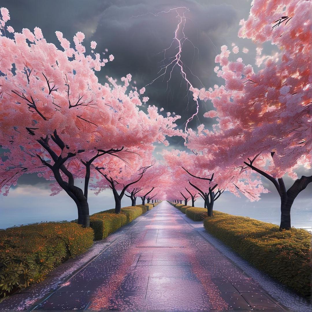 Storm-Lit Cherry Blossom Landscape