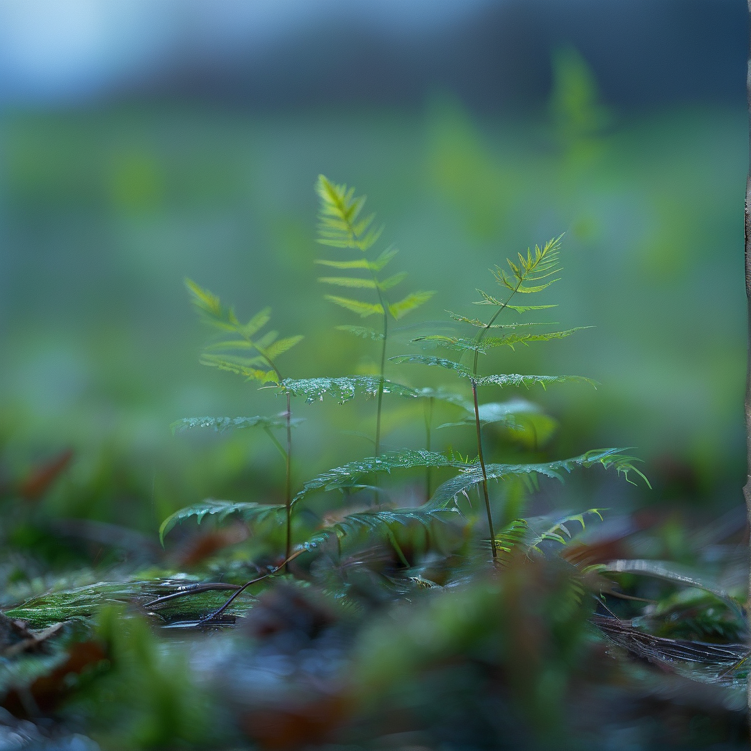 Delicate green fern fronds speckled with water droplets rise from a dark forest floor against a soft blurred green background.