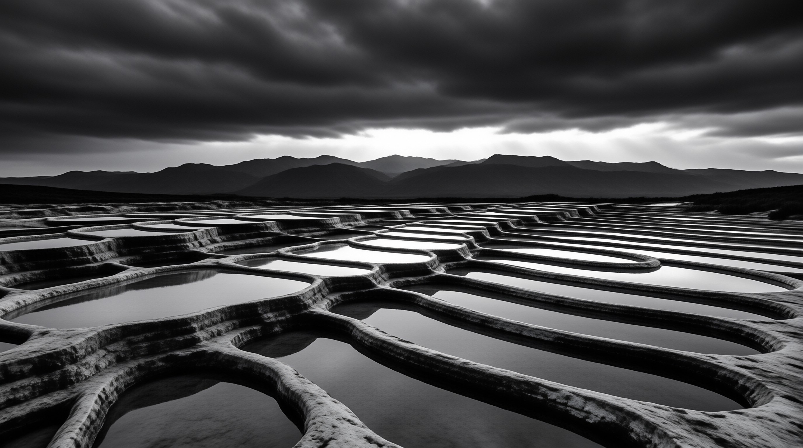 Salt Pans Under Dramatic Sky