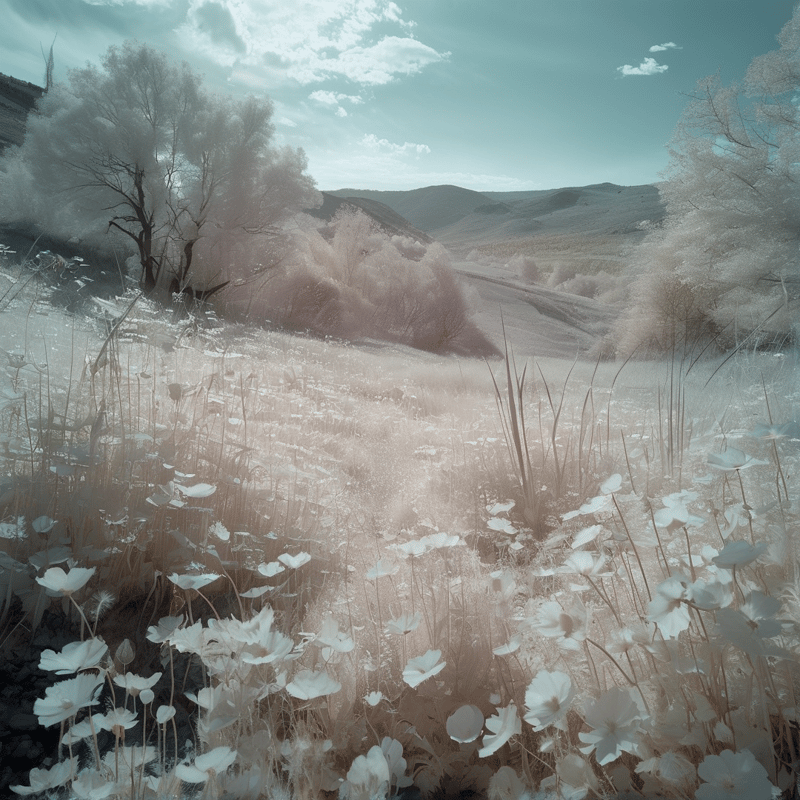 A dreamy infrared landscape of pale blooming flowers and misty trees beneath a soft teal sky