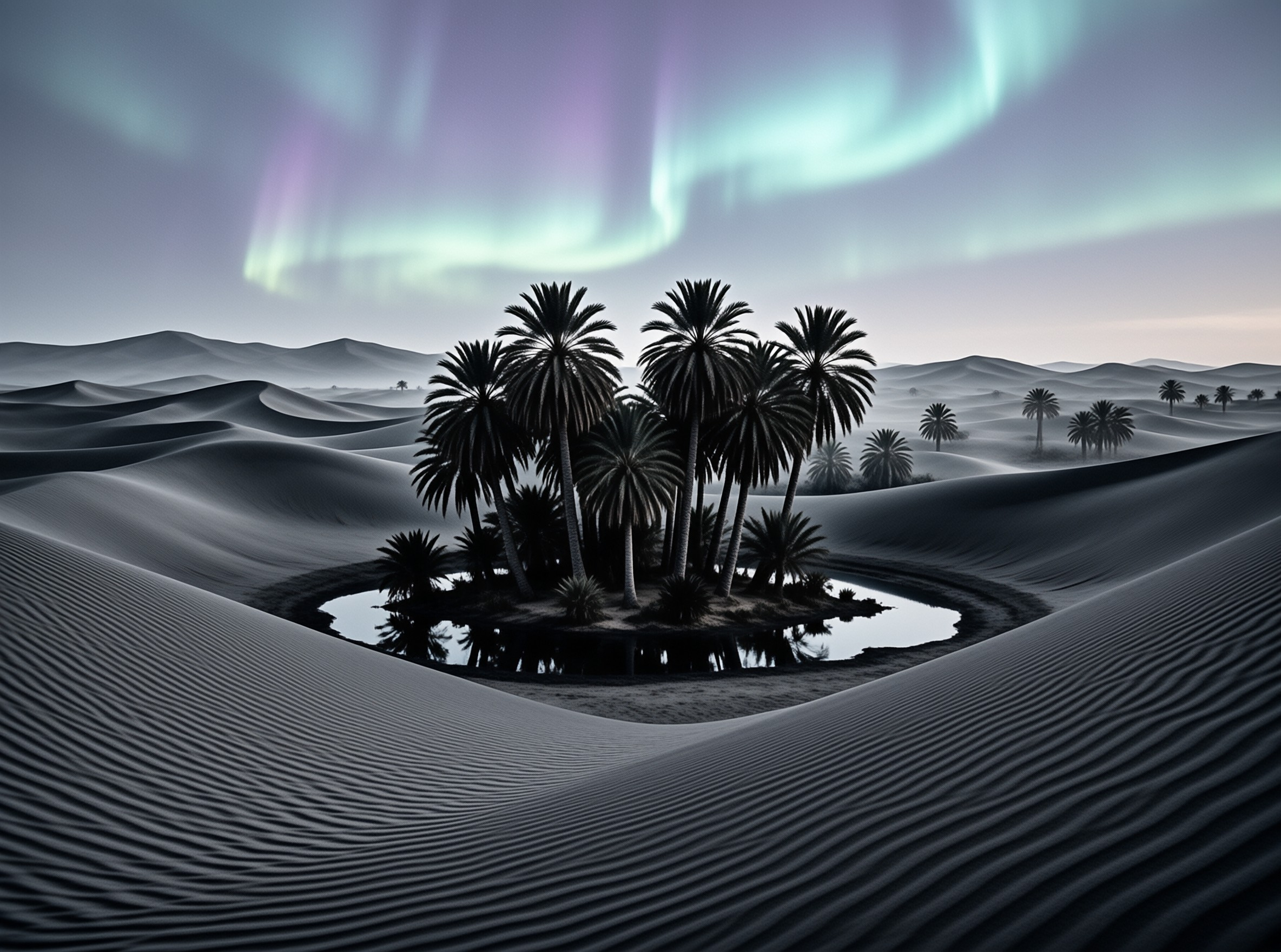 Surreal Oasis Under Aurora