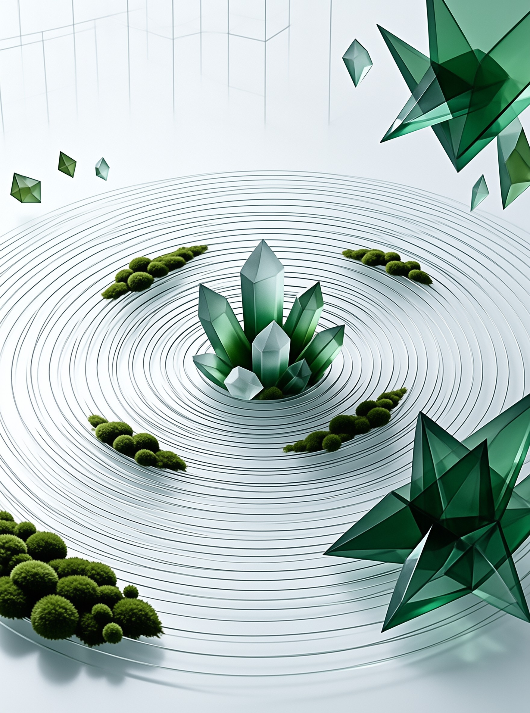 Green crystal formations rise from a rippling white spiral surrounded by rounded shrubs in a luminous abstract setting.