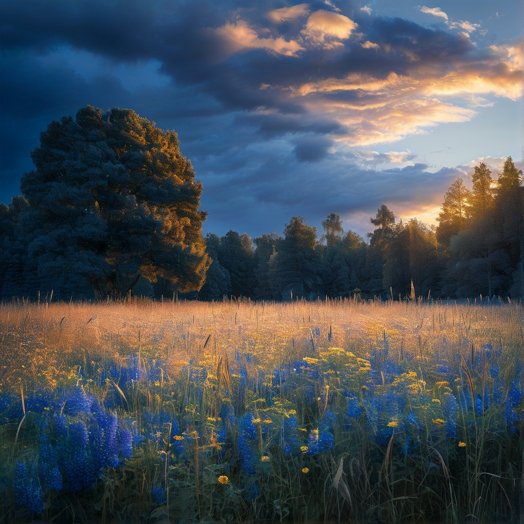 Sunset Over Flower Field