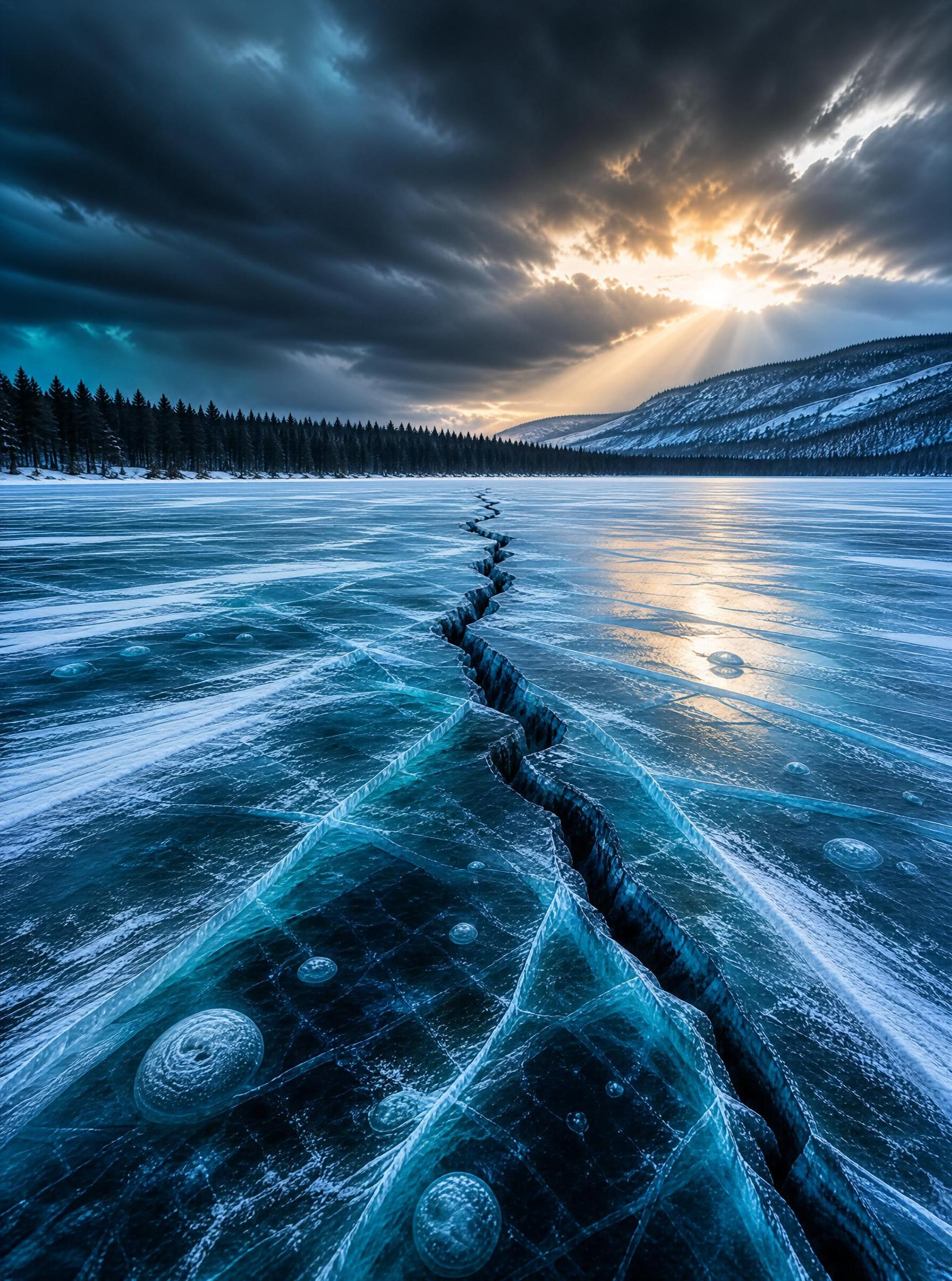Frozen Lake Ice Crack at Sunset