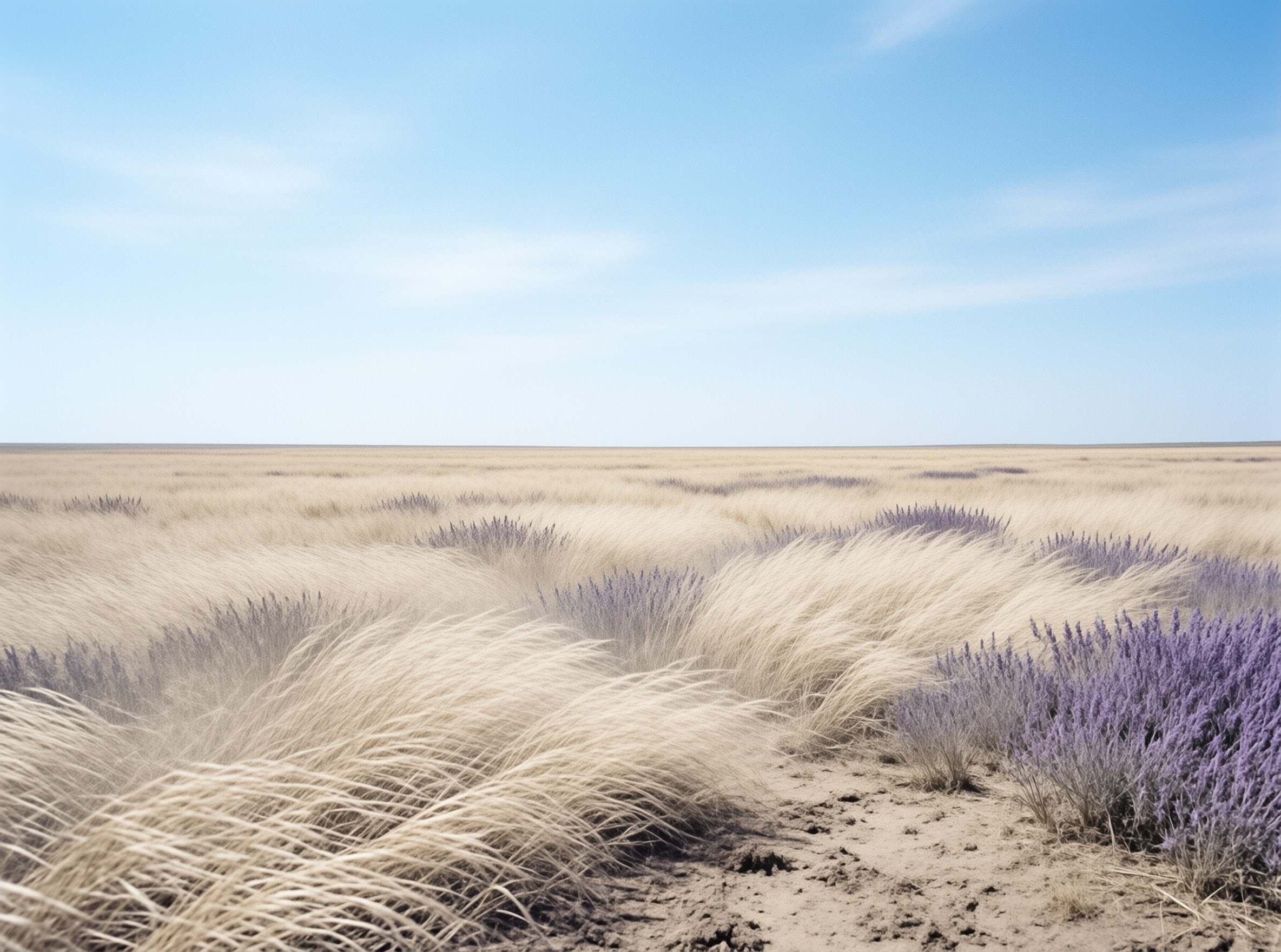 Dry golden grasses sway alongside purple flowering shrubs in a vast field beneath a clear blue sky.