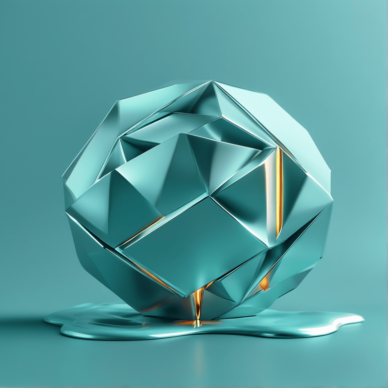 A complex geometric teal crystal rests on a surface with a puddle of liquid pooling around its base.