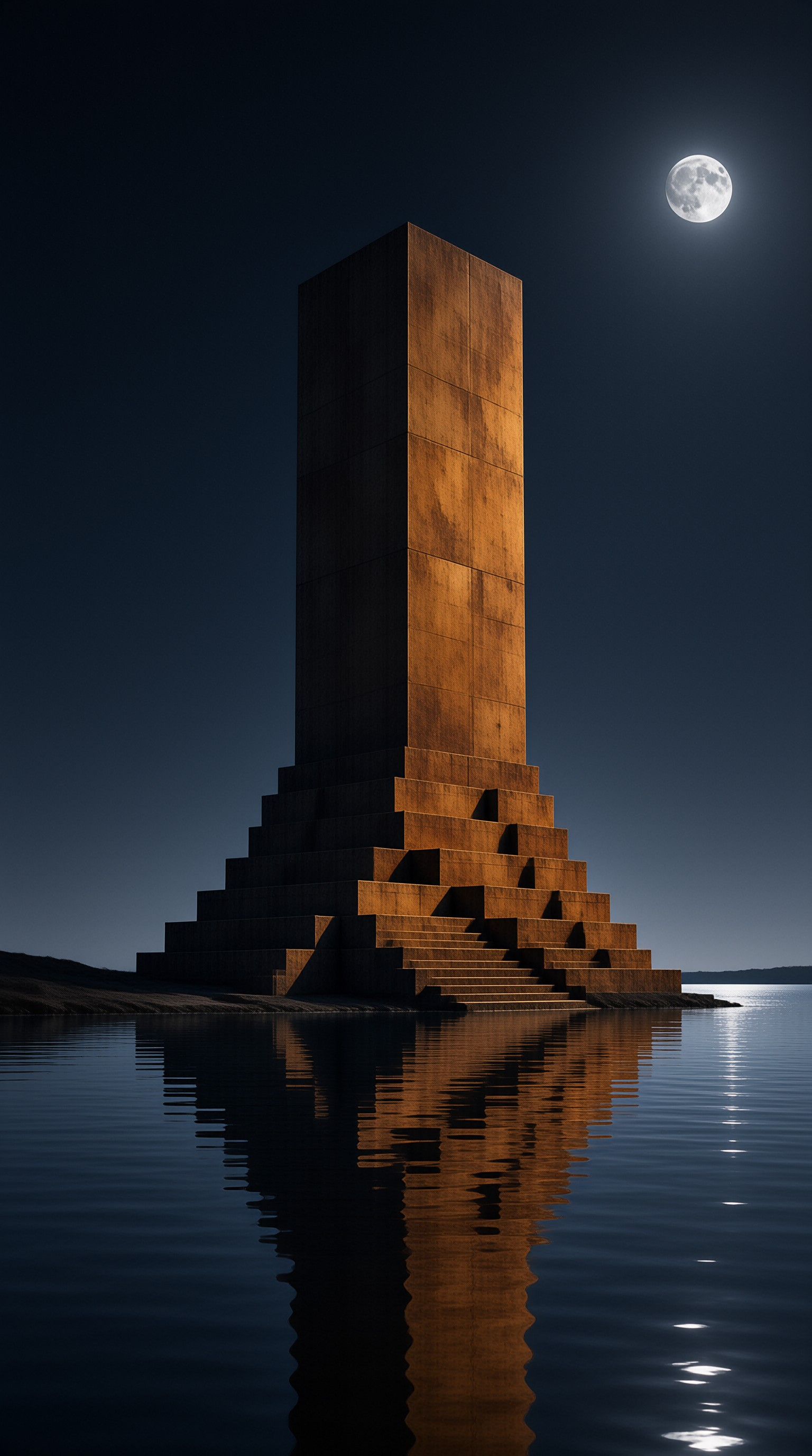 A tall bronze-toned tower rises from stepped terraces at the water's edge beneath a bright full moon