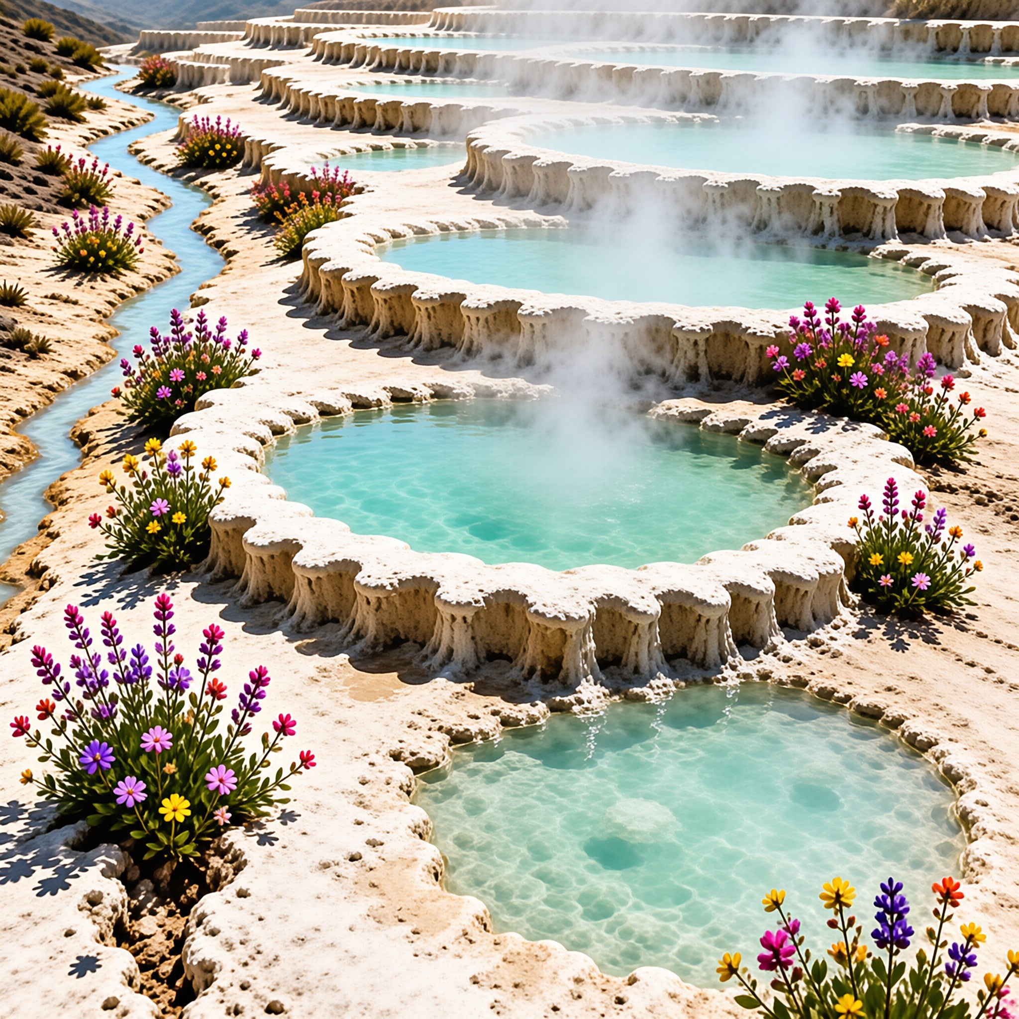 A sunny view of steaming terraced hot springs with turquoise water and colorful wildflowers blooming along the rocky edges.