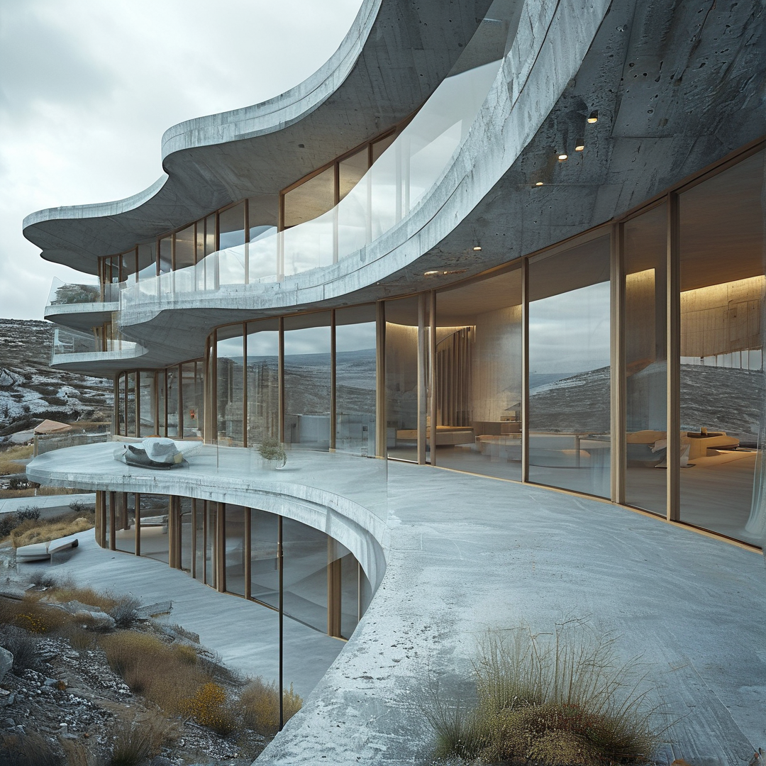 Modern concrete structure with curved forms and large glass windows faces a hilly, snow-dusted landscape in soft daylight.