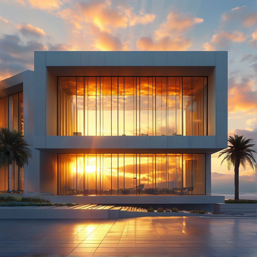 Modern Glass House at Sunset