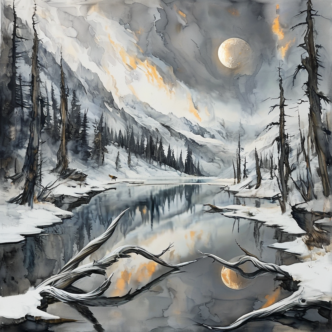 A snowy landscape showing a calm lake reflecting the full moon bordered by dead trees and snow capped mountains.