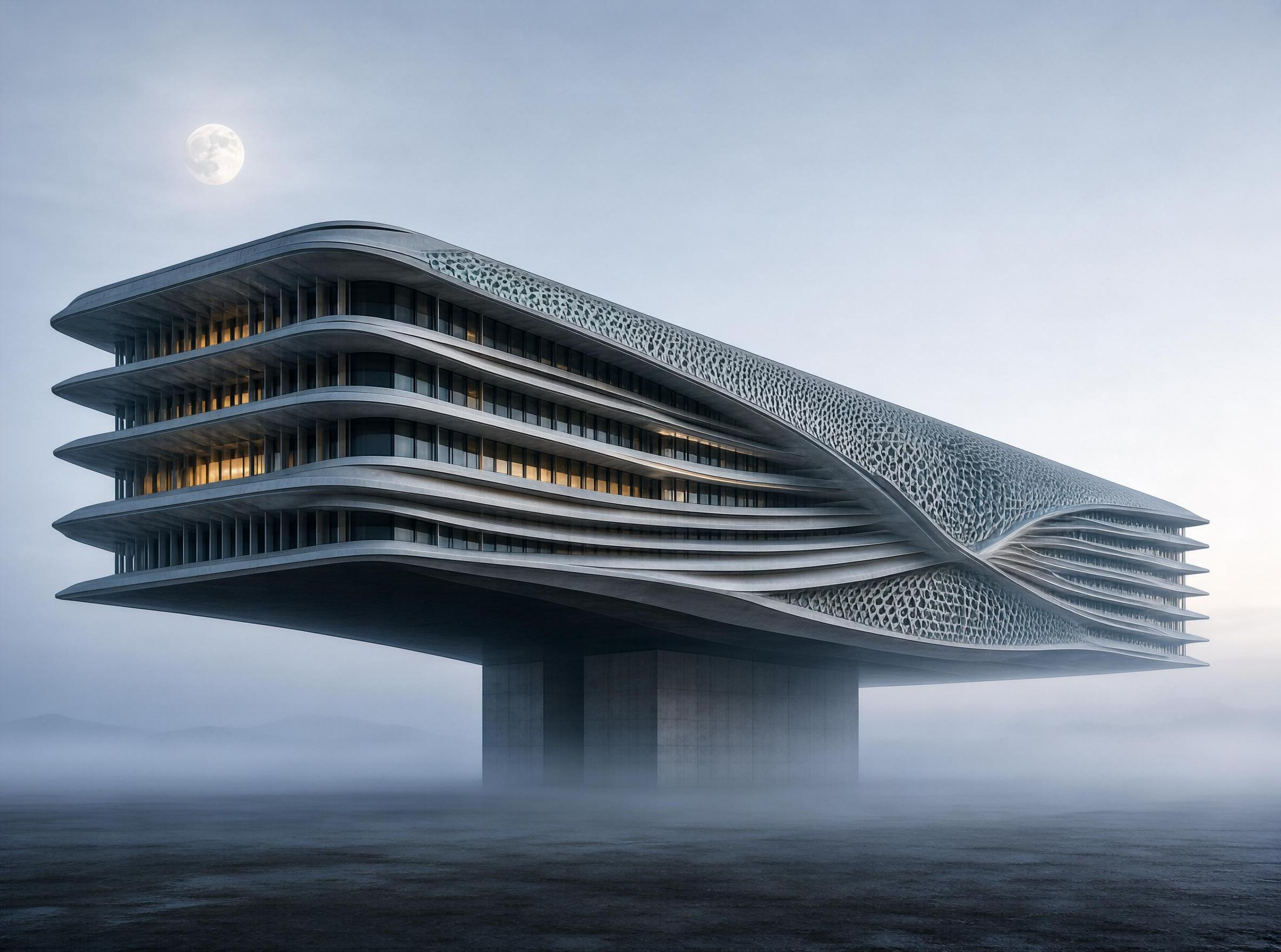 Modern Floating Building with Curved Design