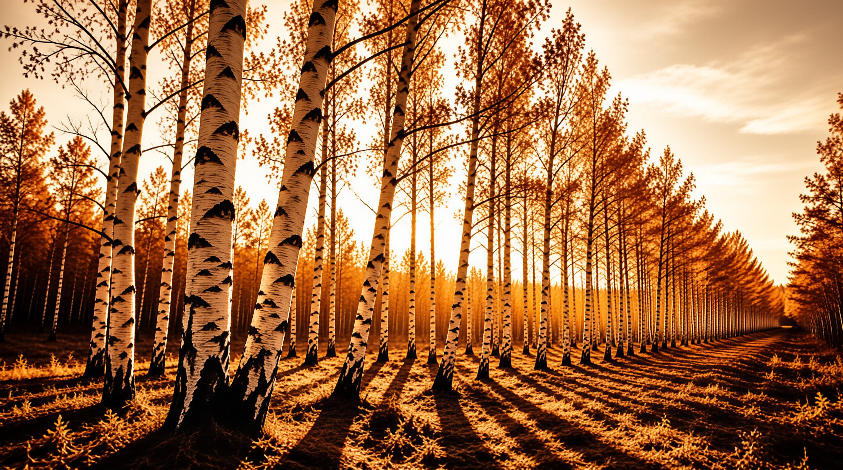 A grove of white birch trees stands in neat rows bathed in warm orange sunlight during the golden hour.