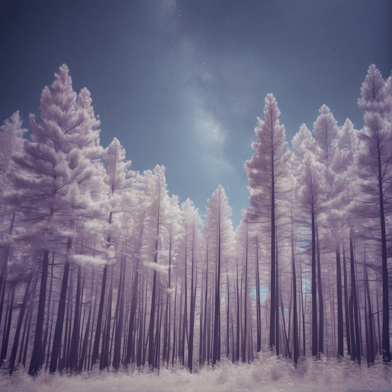 Tall slender pine trees covered in white frost reach into a deep blue starry sky.