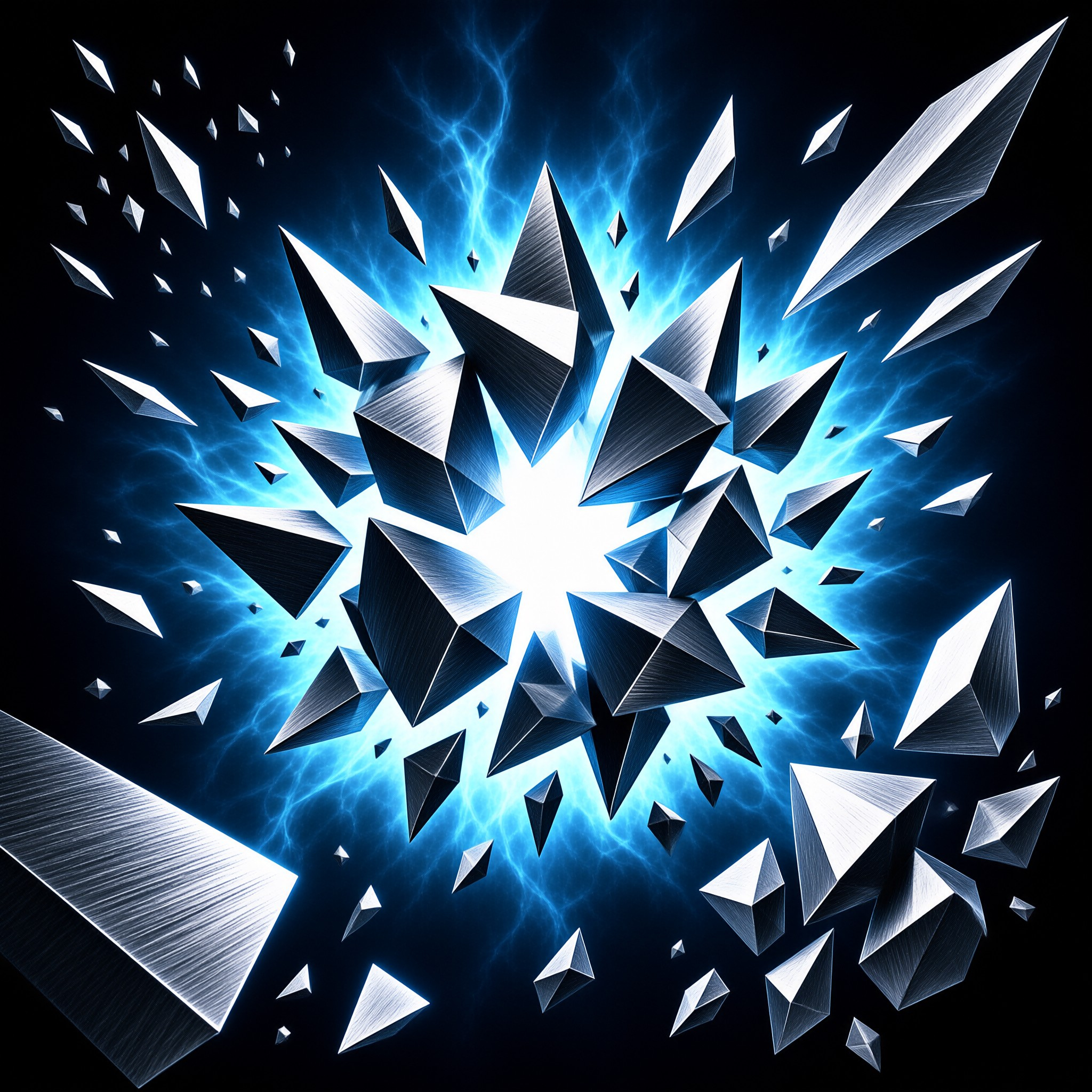 Sharp metallic fragments fly outward from a glowing white center surrounded by swirling blue plasma in a dark void.