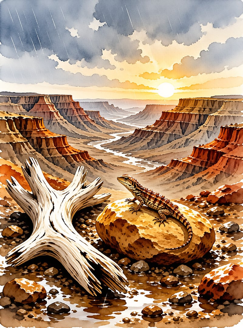 A lizard rests on a smooth stone in a desert canyon where a river winds through arid cliffs under a rainy sky.