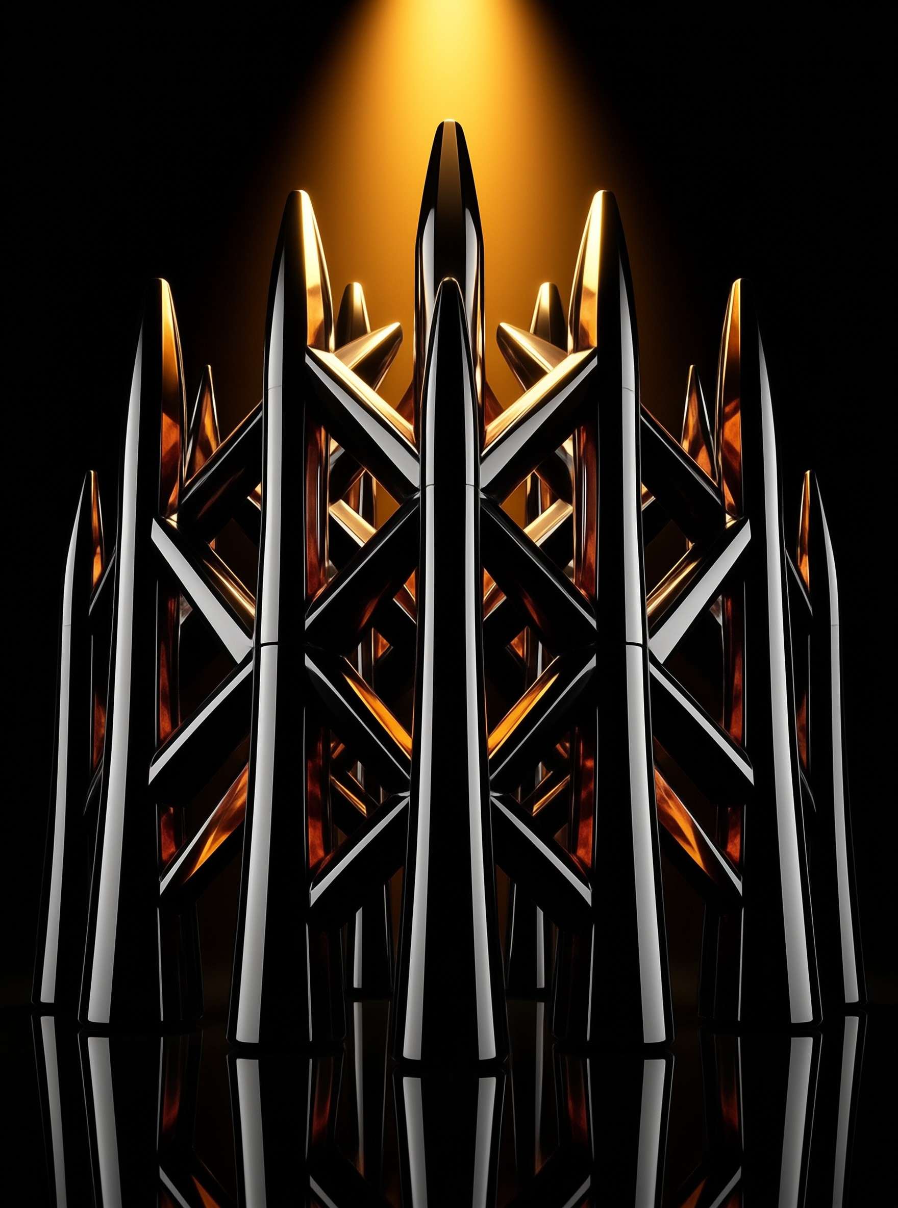 Glossy black metallic structures stand against a dark background with a bright amber light source behind them.