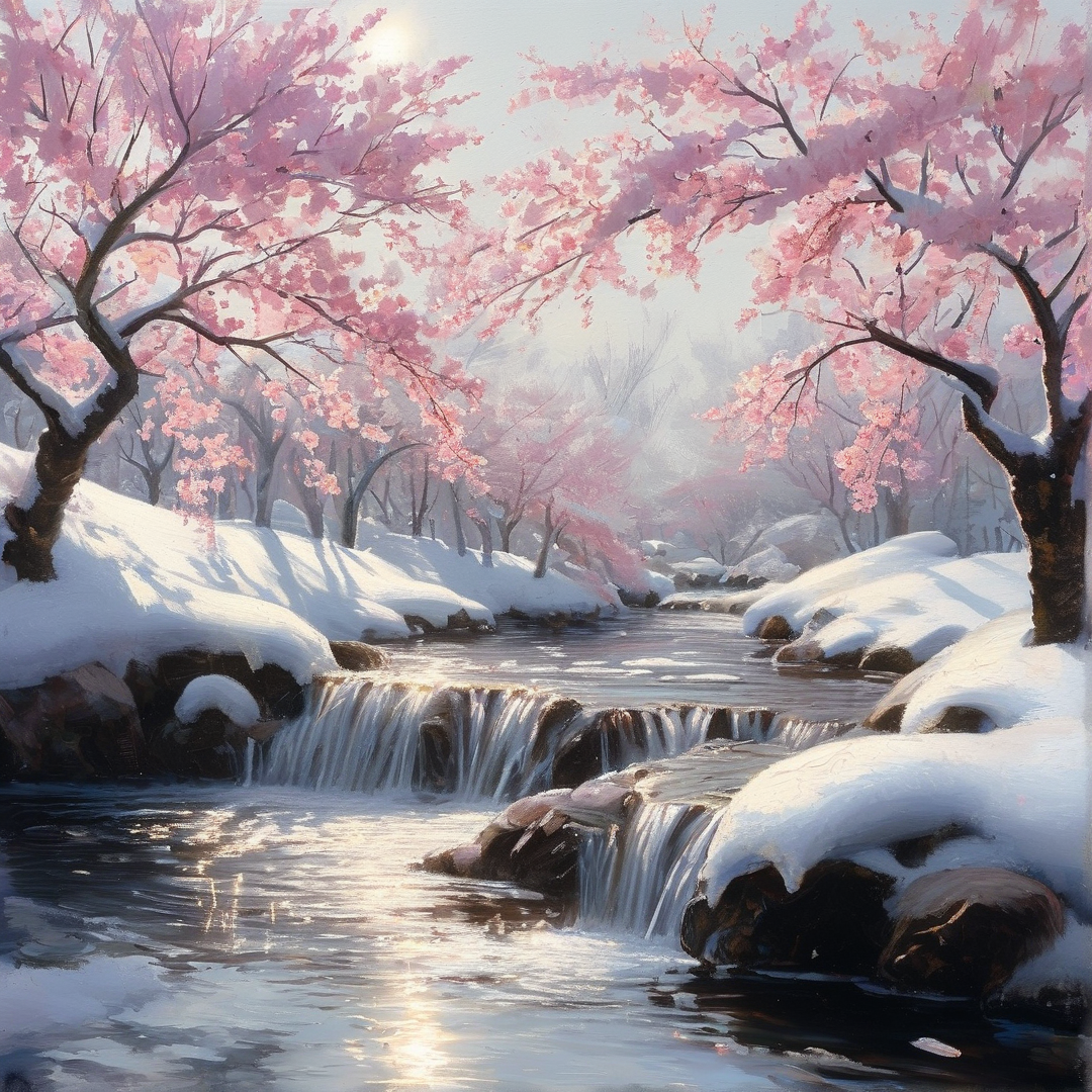 Pink cherry trees arch over a snow covered stream where water cascades over rocks under sunlight reflecting off the surface.