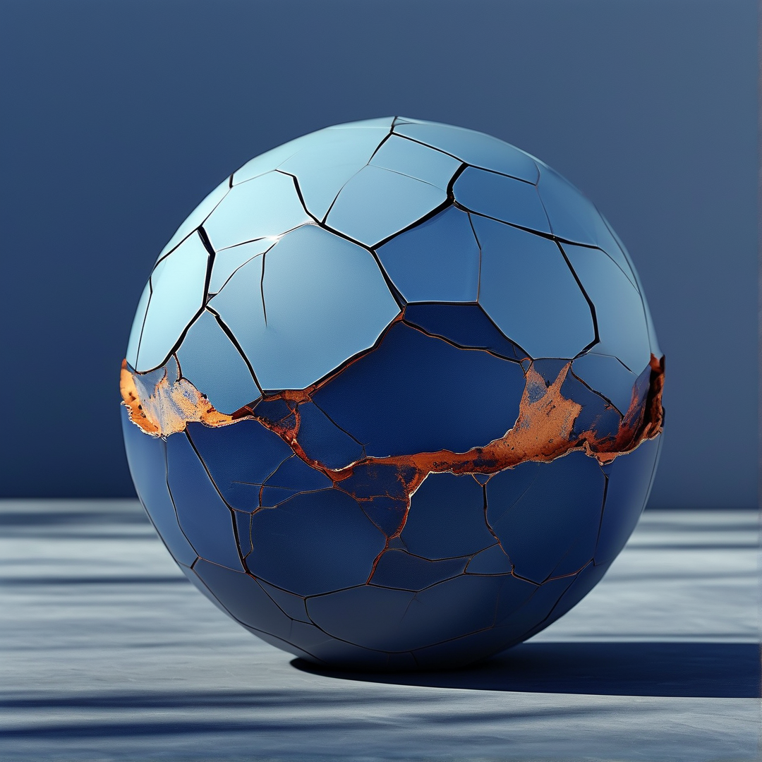 A blue sphere with a cracked surface reveals a rusty orange layer underneath under studio lighting.