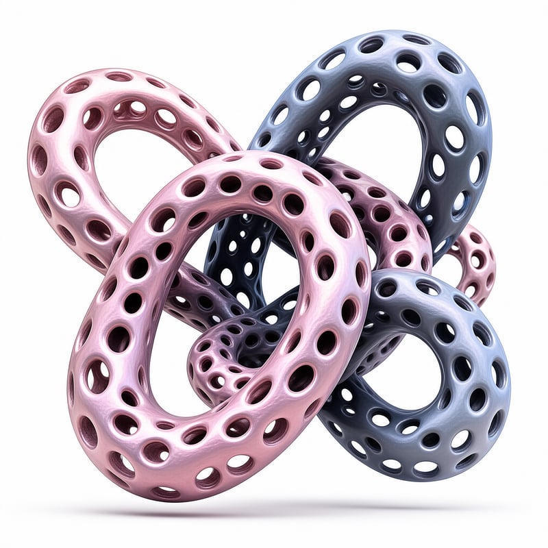 Interlocking pink and grey porous metal rings form a complex shape against a plain white background.
