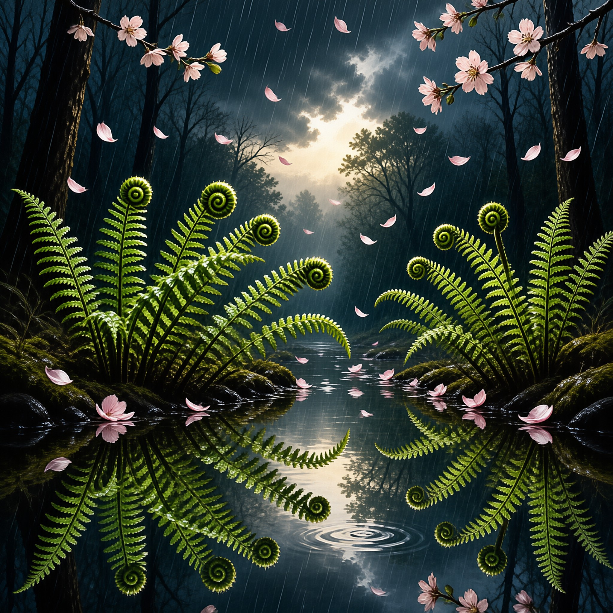 Large ferns flank a reflective forest stream while pink cherry blossom petals drift through the rain under a bright moon.