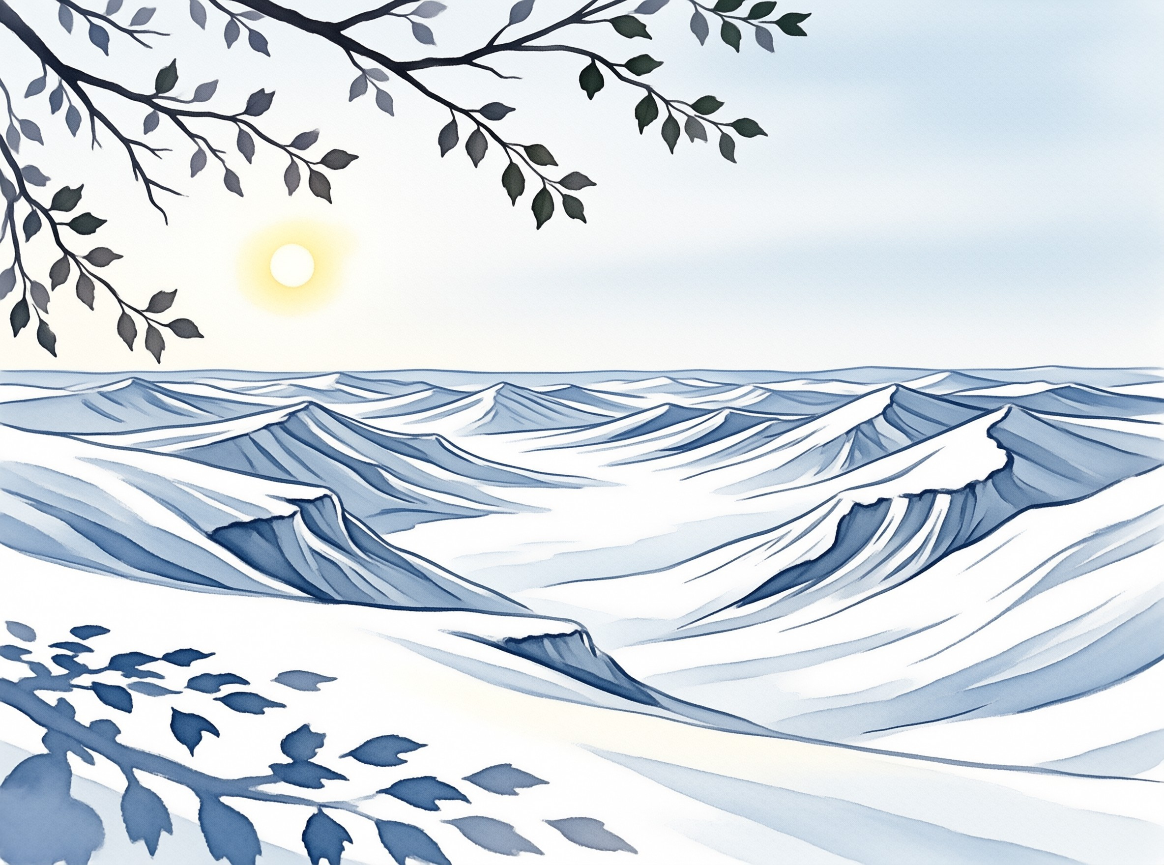 Stylized blue rolling hills stretch toward the horizon beneath a pale yellow sun framed by dark leafy tree branches.