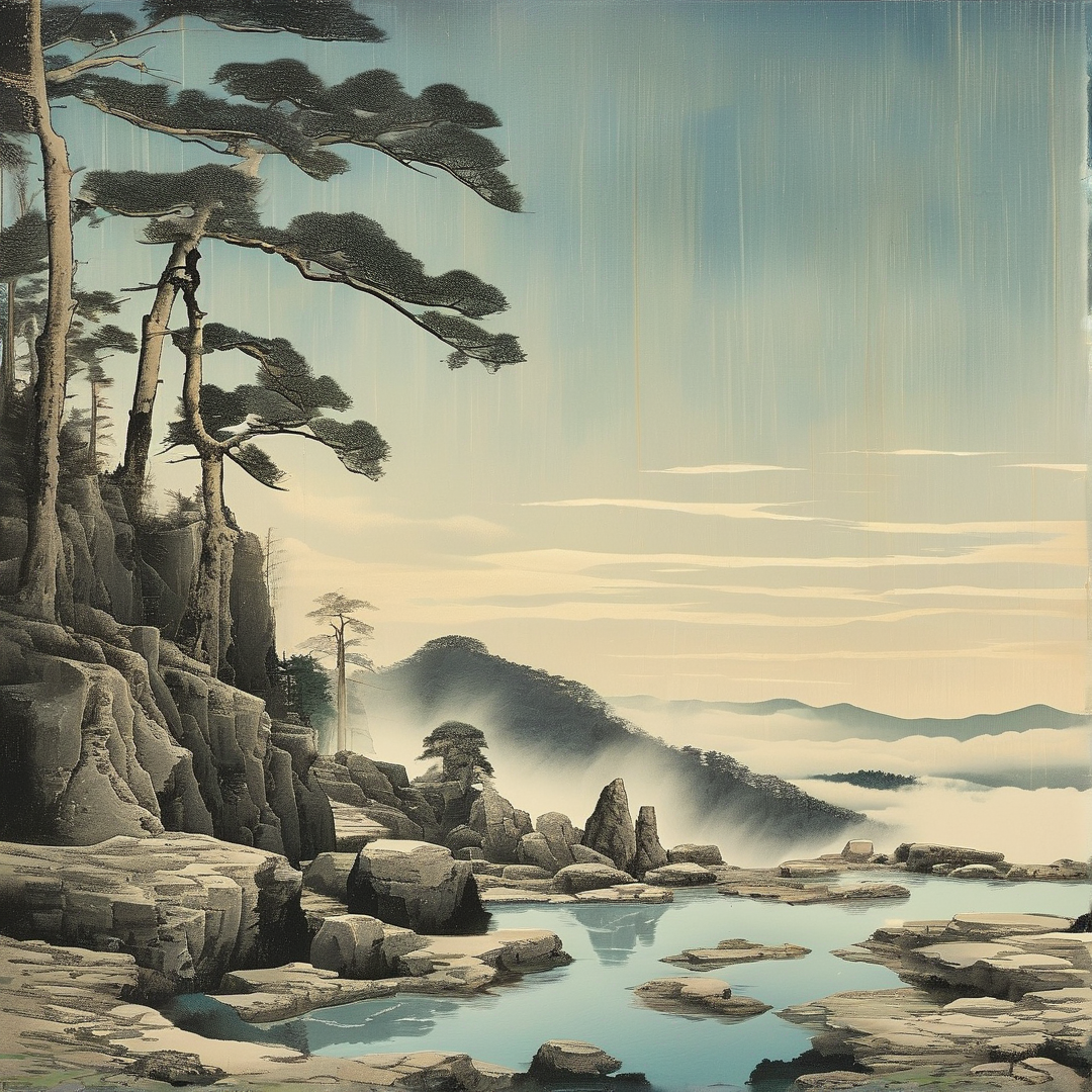 Gnarled pines grow on rocky cliffs overlooking calm water with stones and misty mountains under a pale sky.