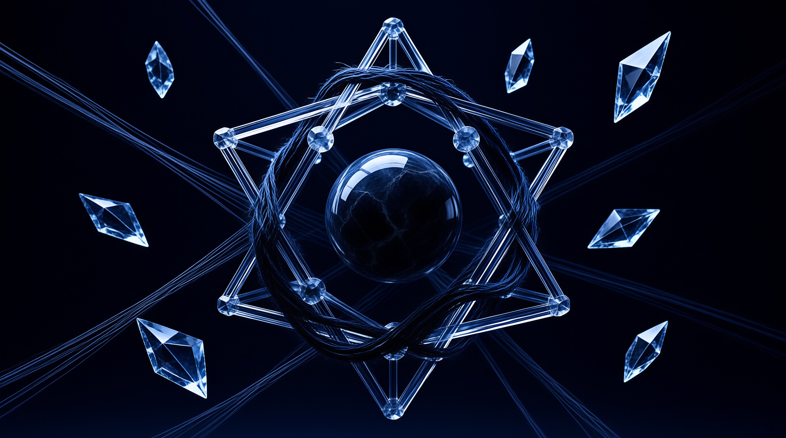 A translucent geometric star sculpture cradles a dark glass sphere amid floating crystal shards on a deep blue field