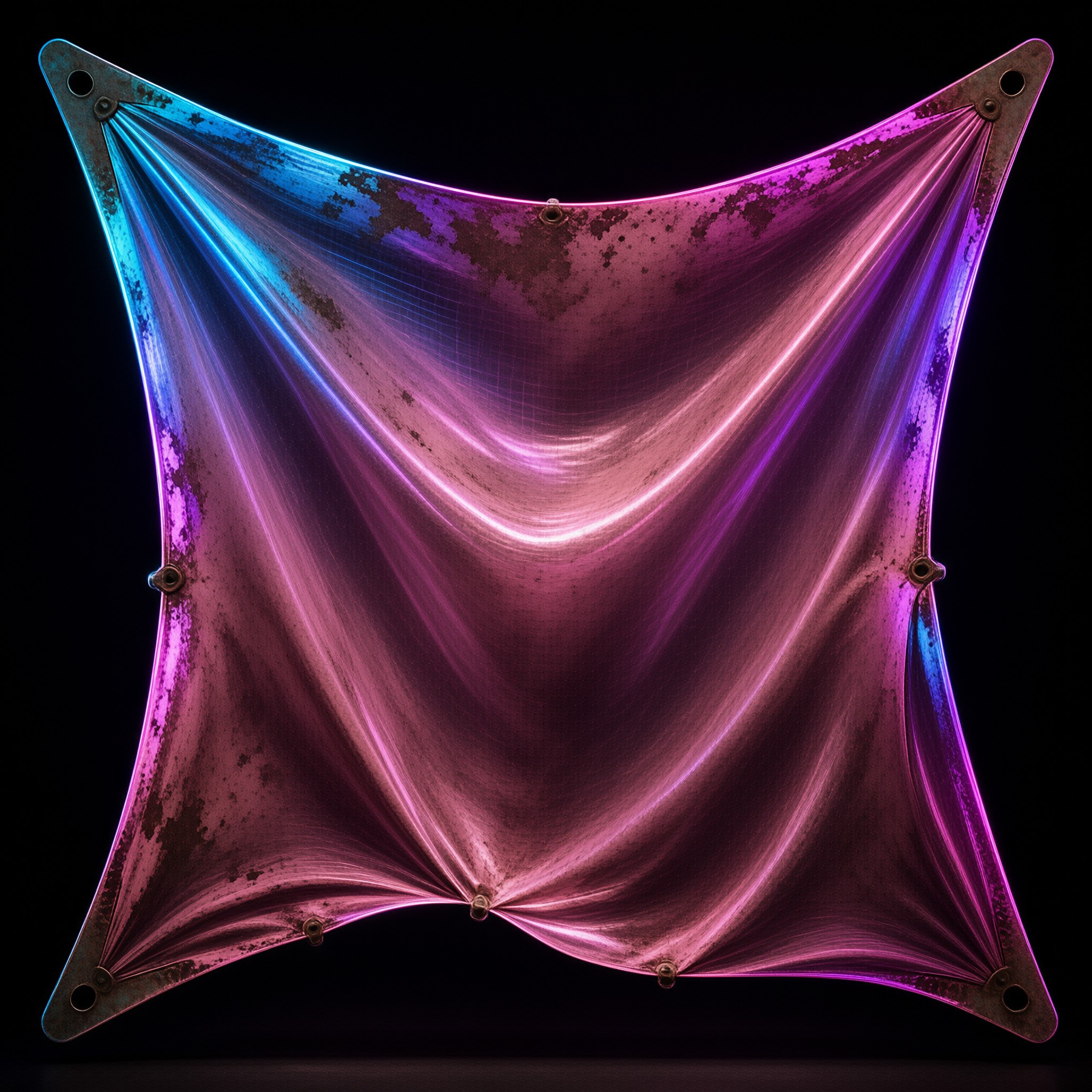 A dented rectangular metal panel shows a deep concave shape with a gradient of bright blue and magenta neon light against a black background.