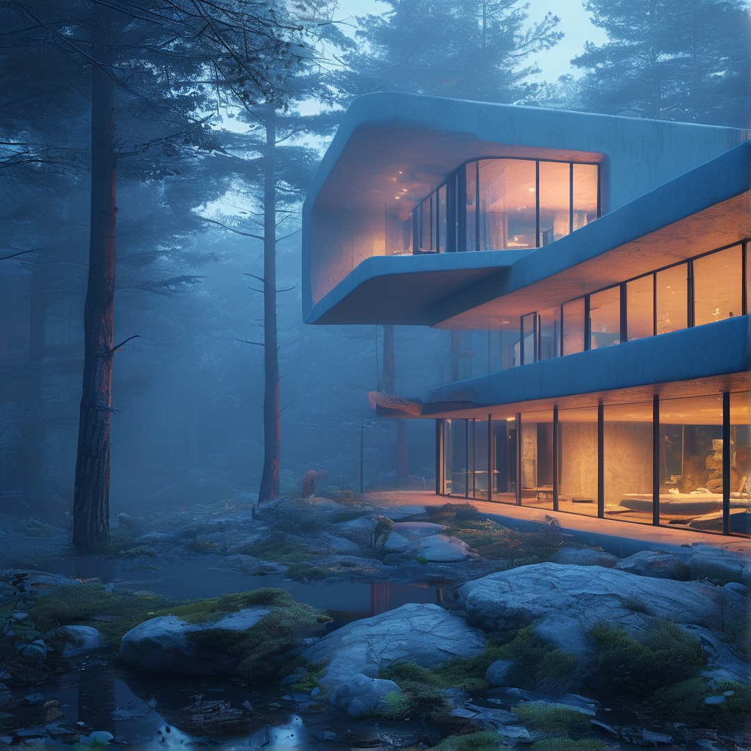 Modern Cabin in Misty Forest