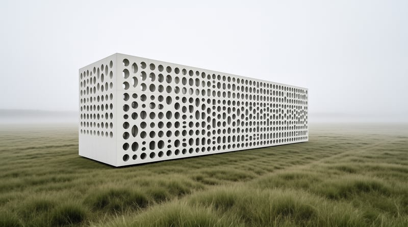 A low rectangular white pavilion with circular cutouts sits alone in a misty grassy expanse under pale overcast light.