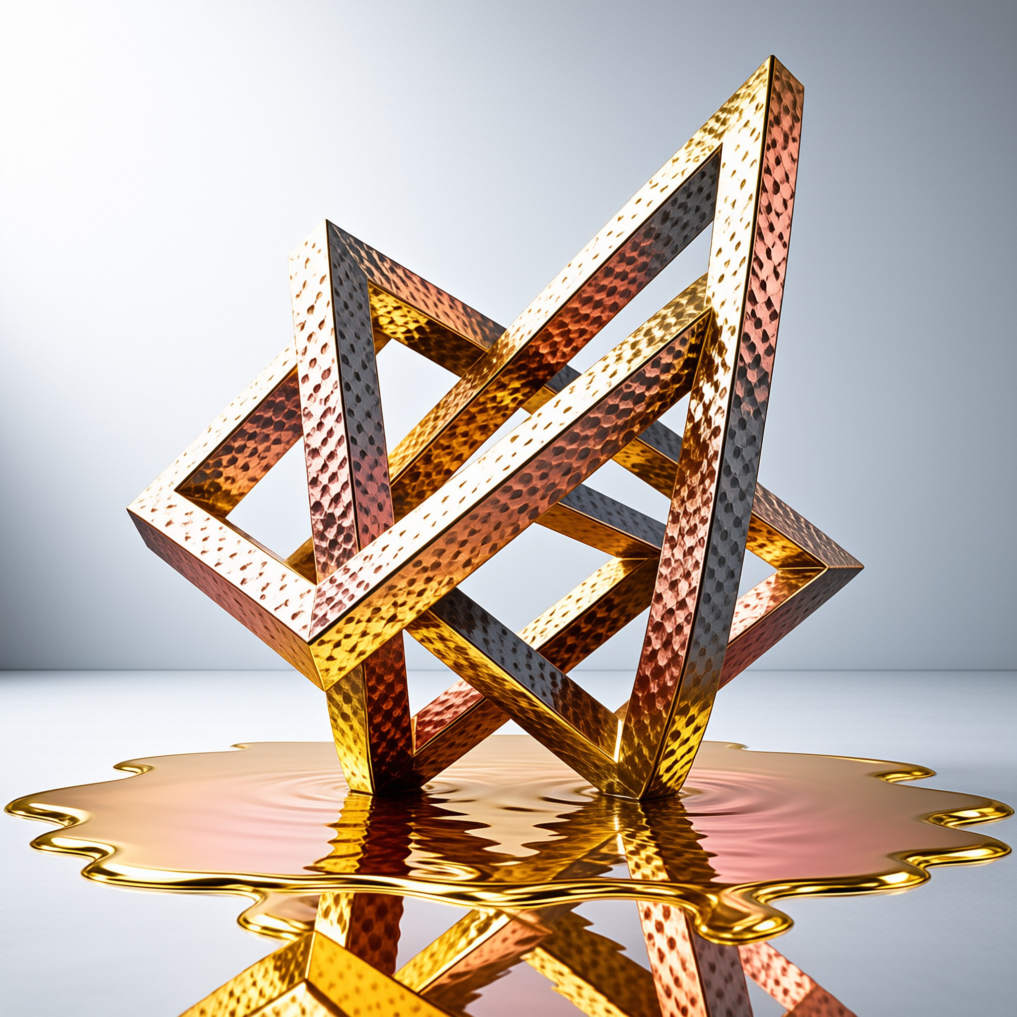 A geometric sculpture made of interlocking hammered copper beams stands in a pool of reflective golden liquid.