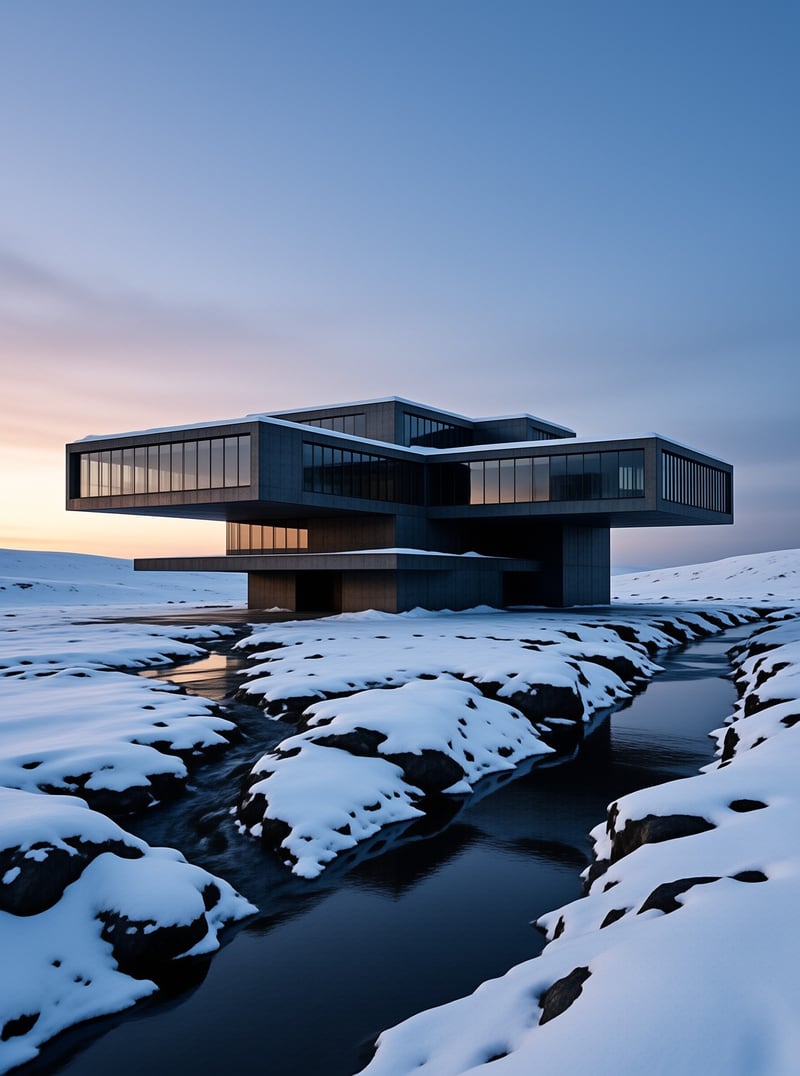 Modern Snow House at Dusk
