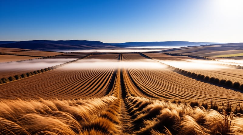 Rows of golden crops stretch toward distant hills as low sunlight illuminates the valley mist.