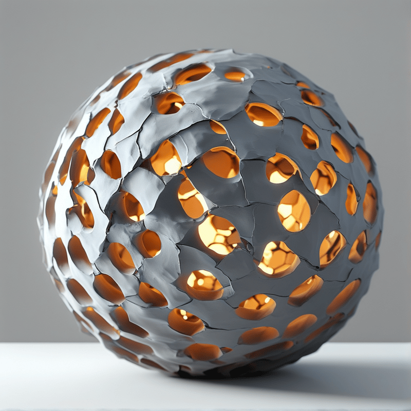 A silver sculpture with irregular holes reveals a warm amber glow radiating from its hollow interior.