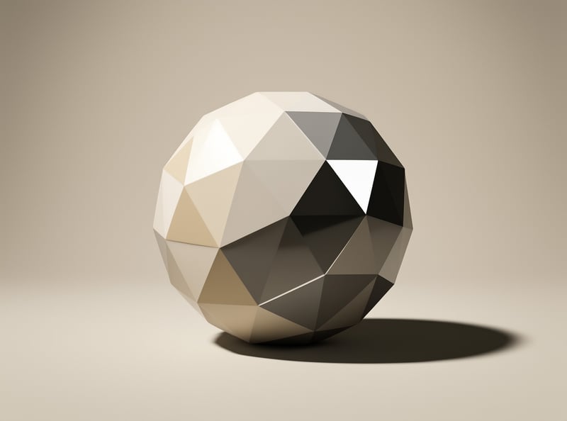 A faceted low poly sphere rests on a smooth beige backdrop, with soft studio lighting casting a dark shadow to its right.