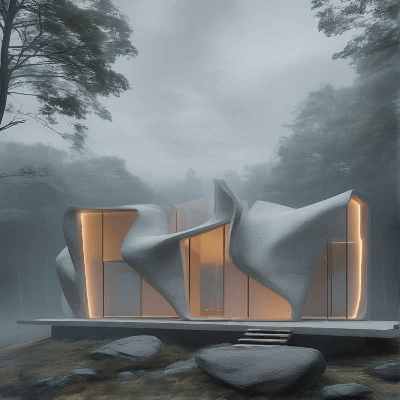 A futuristic organic building with flowing concrete walls and warm interior light stands on a platform surrounded by foggy trees and large grey boulders.