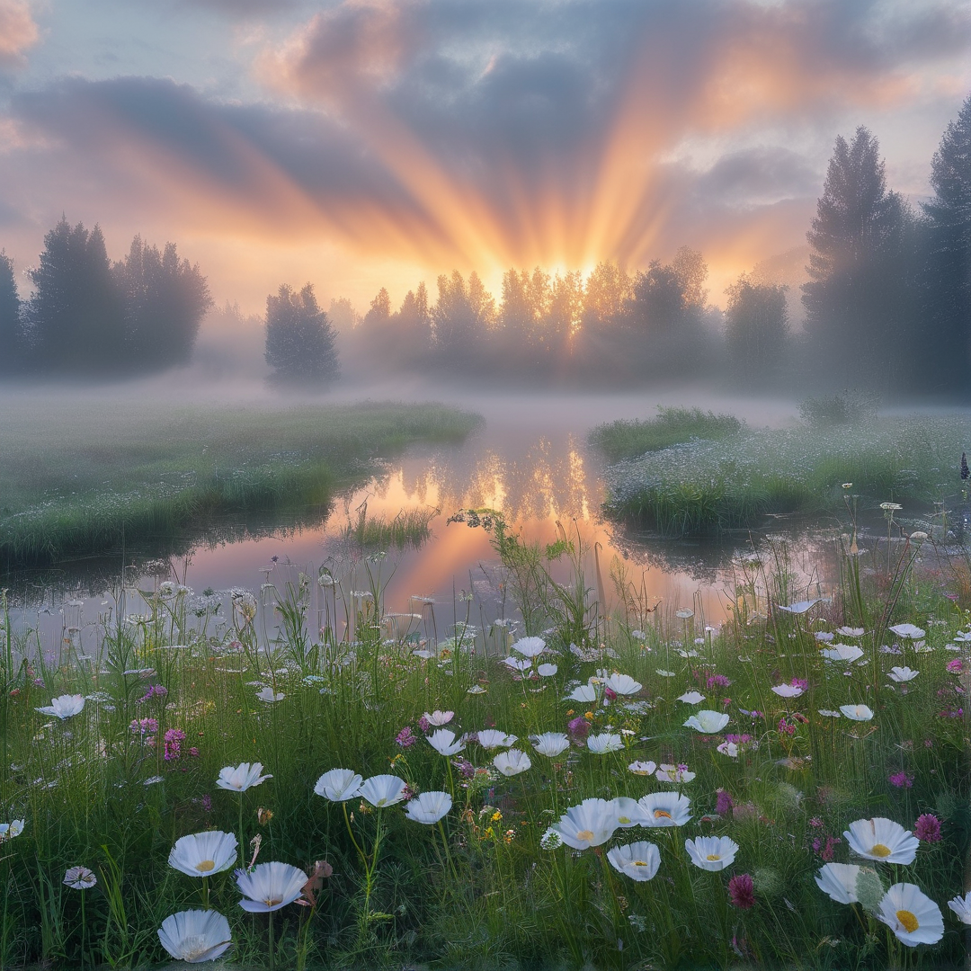 Misty Sunrise Over Flower Field