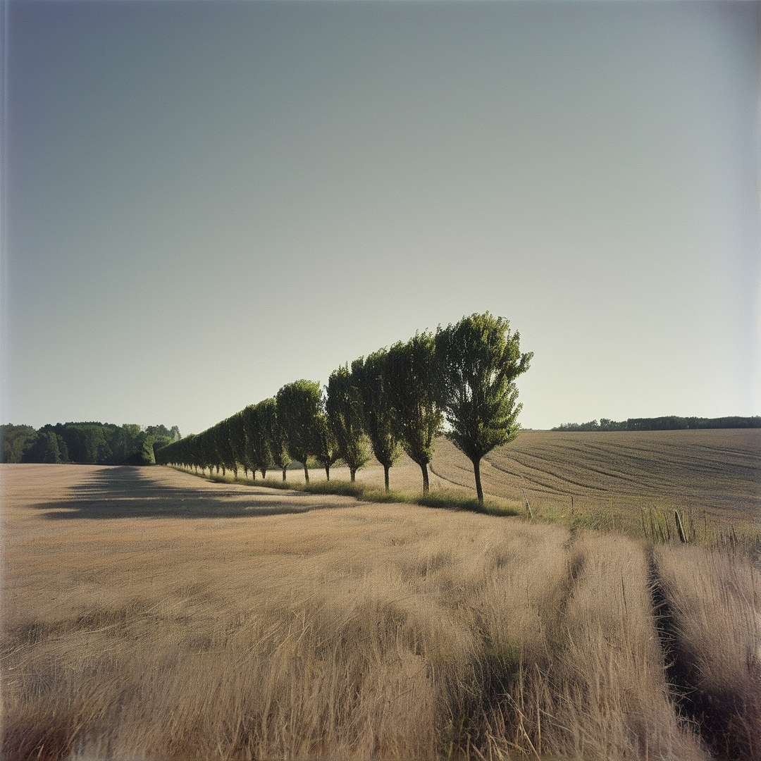 Row of trees separates golden grass from plowed soil under clear skies with long shadows stretching across the ground.